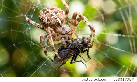 Orb weaver spider devours a fly in a garden web. Patterned abdomen and taut silk strands convey a tense daytime mood. 138817397