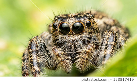 Jumping spider perched on a green leaf. Detailed hairs and glossy eyes glisten in soft daylight Jumping spider perched on a green leaf. Detailed hairs and glossy eyes glisten in soft daylight 138817419