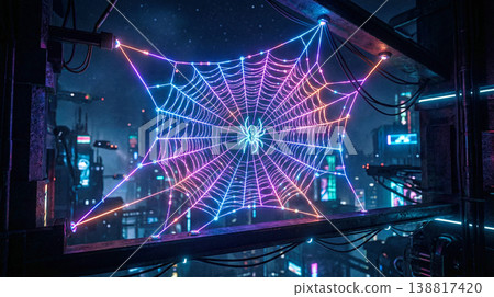 Neon spider suspended on a glowing multicolor web stretched between metal beams over an urban street at night 138817420