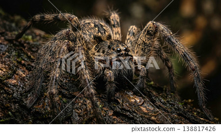 Wolf spider crawls on wet tree bark. Dense hair and glossy eyes catch low warm light creating a tense dusk mood. 138817426