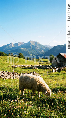 Sheep graze in a mountain meadow beside a barn. 138817456