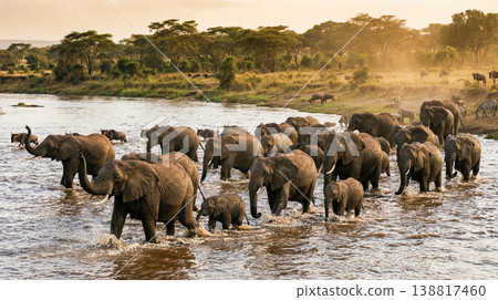 A herd of African elephants wades through a shallow river in the savanna. Late golden light warms the scene and dust rises along the treeline. 138817460