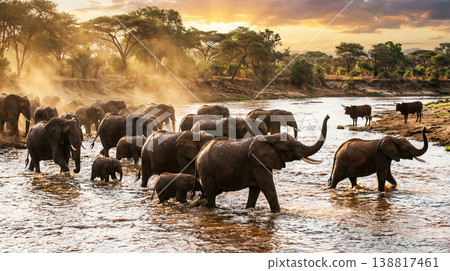 A herd of African elephants with calves crosses a shallow river in the savanna at golden sunset with dust rising behind them. A herd of African elephants with calves crosses a shallow river in the savanna at golden sunset with dust rising behind them. 138817461