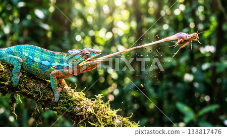 Colorful chameleon shoots tongue to catch grasshopper on mossy forest branch. Warm dappled sunlight illuminates textured skin and flying debris 138817476