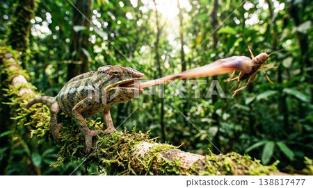 Chameleon shoots its tongue to catch a grasshopper on a moss branch in a rainforest. Sunlight filters through the canopy and creates a dramatic midday mood. 138817477