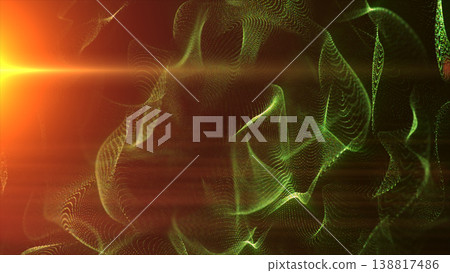 Green particle smoke mesh with warm orange lens flare and cinematic glow on dark abstract background 138817486