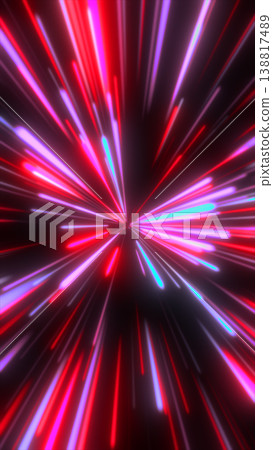 Vibrant red and purple light streaks exploding from a central point, creating a dynamic abstract speed tunnel with neon glow 138817489