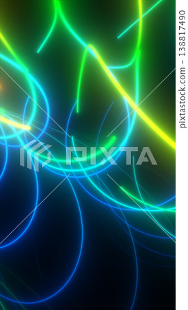 Abstract neon blue and green curved light trails crossing over a dark futuristic background with glowing motion. 138817490