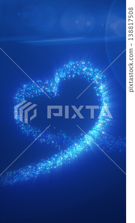 Blue sparkling particles forming a glowing heart loop on dark background, romantic abstract energy trail with lens flare and bokeh 138817508