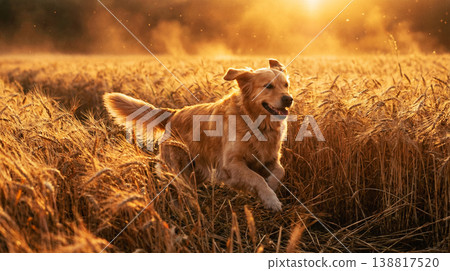 Golden retriever running through a wheat field at sunset. Soft golden backlight highlights fur and creates a joyful mood Golden retriever running through a wheat field at sunset. Soft golden backlight highlights fur and creates a joyful mood 138817520