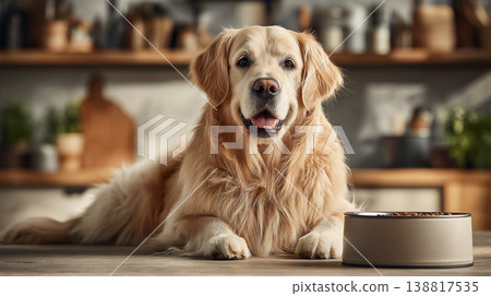 Golden retriever lies in the kitchen beside a dog bowl. A full dog food bowl sits near the dog. 138817535