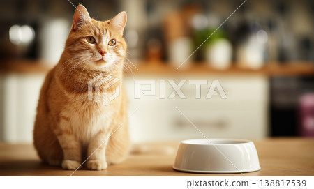 Orange tabby cat sits on a wooden kitchen counter. White bowl sits nearby in a sunlit kitchen. 138817539