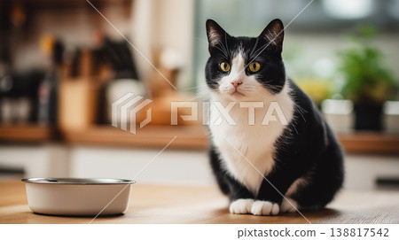 Black and white cat sits on kitchen table. Warm window light highlights the cat face. 138817542