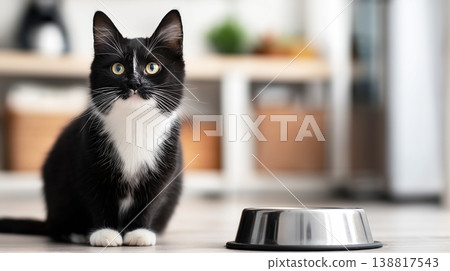 Tuxedo cat sits by a metal bowl in a kitchen. A metal bowl sits on the floor, ready for feeding. 138817543