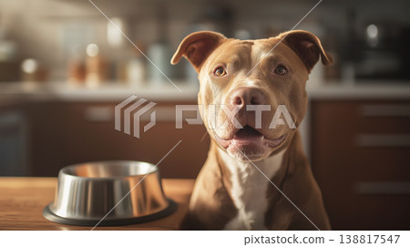 Dog stands in the kitchen near a stainless steel bowl. Warm light highlights the dog's friendly expression. Dog stands in the kitchen near a stainless steel bowl. Warm light highlights the dog's friendly expression. 138817547