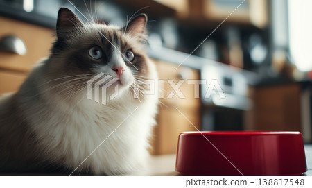 Cat lies beside a red bowl in the kitchen. Blue eyes gleam as sunlight pours in. 138817548