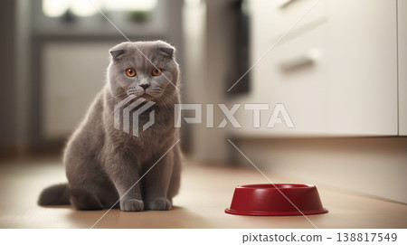 Gray British Shorthair cat sits in the kitchen. A red bowl sits on the floor nearby. Gray British Shorthair cat sits in the kitchen. A red bowl sits on the floor nearby. 138817549