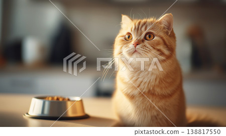 Orange tabby cat looks up in the kitchen. A metal food bowl sits on the counter. Orange tabby cat looks up in the kitchen. A metal food bowl sits on the counter. 138817550