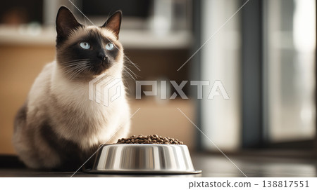 Siamese cat sits by a metal food bowl in the kitchen. A bowl of dry cat food sits ready for feeding. 138817551