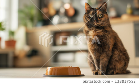 Calico cat sits near an orange food bowl in the kitchen. Bright morning light fills the scene. Calico cat sits near an orange food bowl in the kitchen. Bright morning light fills the scene. 138817552