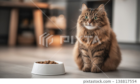 Fluffy tabby cat sits near a white food bowl in living room. Soft room lighting highlights the cat's green eyes. 138817554