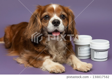 Cavalier King Charles Spaniel lies on a purple studio backdrop beside white jars. This is a pet care product shoot with bright studio lighting. 138817582