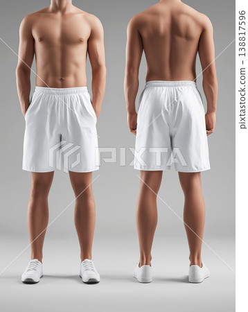 Male model stands in white shorts and white sneakers in a studio. Front and back views appear. Male model stands in white shorts and white sneakers in a studio. Front and back views appear. 138817596