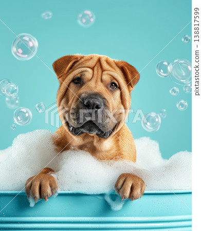Shar-Pei dog bathes in a blue bathtub. Bubbles rise around the dog creating a playful mood. Shar-Pei dog bathes in a blue bathtub. Bubbles rise around the dog creating a playful mood. 138817599