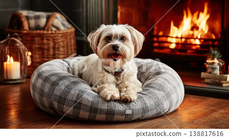 Small dog sits in a plaid bed in the living room. Fireplace glow creates a cozy mood. Small dog sits in a plaid bed in the living room. Fireplace glow creates a cozy mood. 138817616