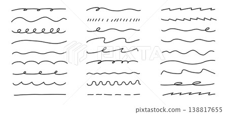 Hand-drawn doodle underline and border marks set with curved strokes, waves, spirals, and decorative elements, ideal for accents, separators, and creative design layouts. Vector illustration Hand-drawn doodle underline and border marks set with curved strokes, waves, spirals, and decorative elements, ideal for accents, separators, and creative design layouts. Vector illustration 138817655