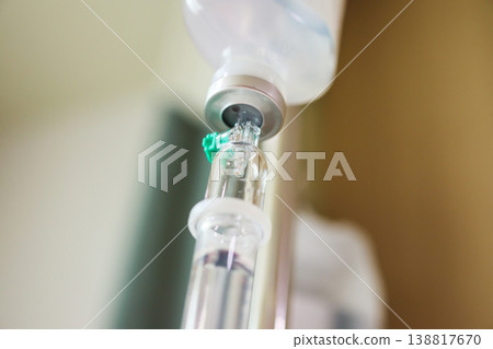 Close up medical intravenous IV drip in hospital background 138817670