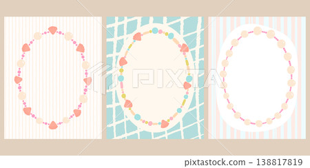 Summer cards set with bead necklace frames with seashells and pearls. Cute jewelry border templates on striped and grid pastel backgrounds. Trendy coastal designs for poster, invitation in flat style 138817819