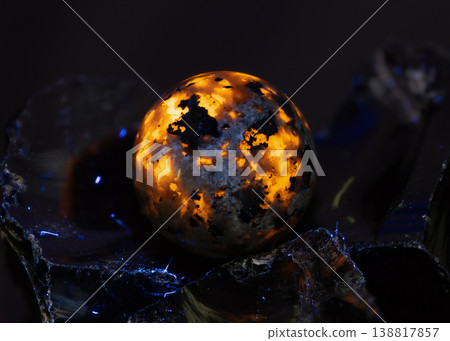 Glowing Amber and Black Marble Sphere Resting on Dark Reflective Obsidian Surface Glowing Amber and Black Marble Sphere Resting on Dark Reflective Obsidian Surface 138817857