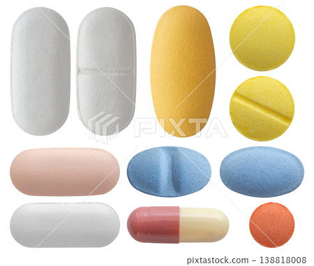 Different medicine pill tablet set isolated on white background 138818008