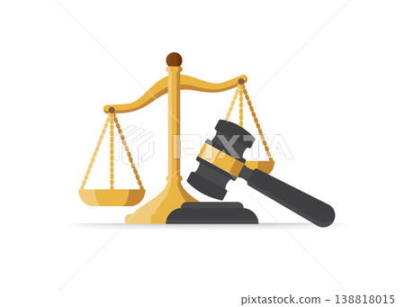 Golden scales of justice with a dark judge gavel stock illustration. 138818015
