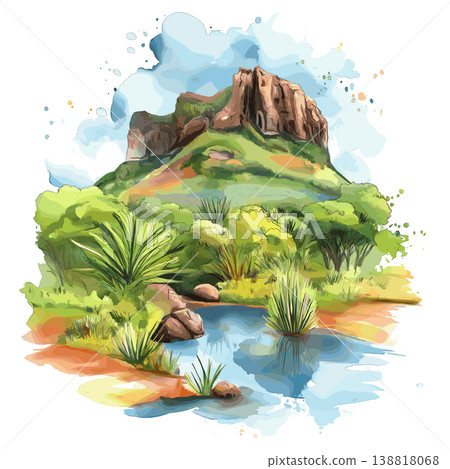 Chamarel Seven Colored Earth. Chamarel Seven Colored Earth hand drawn watercolor illustration on white background Chamarel Seven Colored Earth. Chamarel Seven Colored Earth hand drawn watercolor illustration on white background 138818068