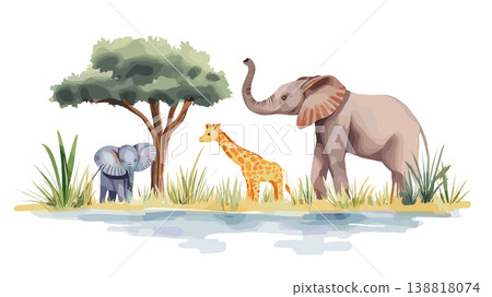 Chobe National Park. Chobe National Park hand drawn watercolor illustration on white background Chobe National Park. Chobe National Park hand drawn watercolor illustration on white background 138818074