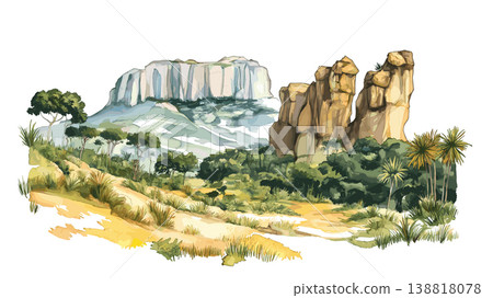 Isalo National Park. Isalo National Park hand drawn watercolor illustration on white background Isalo National Park. Isalo National Park hand drawn watercolor illustration on white background 138818078