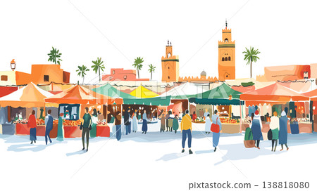 Jemaa el-Fnaa Square. Jemaa el-Fnaa Square hand drawn watercolor illustration on white background 138818080