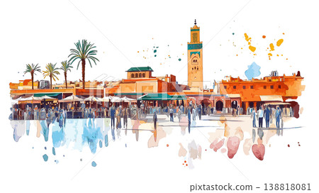 Jemaa el-Fnaa Square. Jemaa el-Fnaa Square hand drawn watercolor illustration on white background 138818081