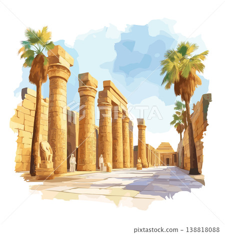Karnak Temple. Karnak Temple hand drawn watercolor illustration on white background Karnak Temple. Karnak Temple hand drawn watercolor illustration on white background 138818088