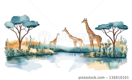 Kruger National Park. Kruger National Park hand drawn watercolor illustration on white background Kruger National Park. Kruger National Park hand drawn watercolor illustration on white background 138818101