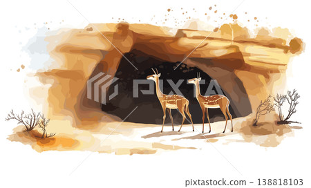 Laas Geel Cave Paintings. Laas Geel Cave Paintings hand drawn watercolor illustration on white background Laas Geel Cave Paintings. Laas Geel Cave Paintings hand drawn watercolor illustration on white background 138818103