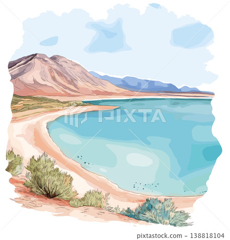 Lake Assal. Lake Assal hand drawn watercolor illustration on white background Lake Assal. Lake Assal hand drawn watercolor illustration on white background 138818104