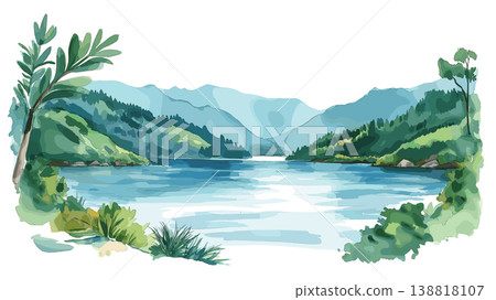 Lake Kivu. Lake Kivu hand drawn watercolor illustration on white background Lake Kivu. Lake Kivu hand drawn watercolor illustration on white background 138818107