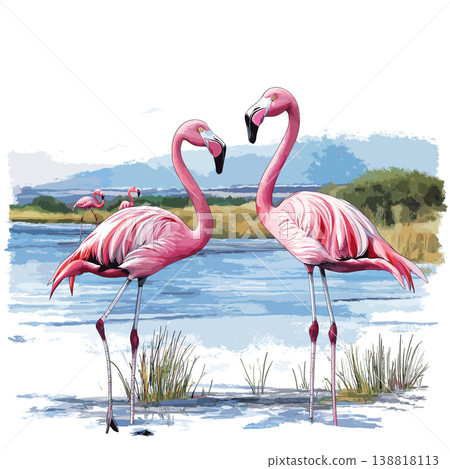 Lake Nakuru Flamingos. Lake Nakuru Flamingos hand drawn watercolor illustration on white background Lake Nakuru Flamingos. Lake Nakuru Flamingos hand drawn watercolor illustration on white background 138818113