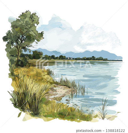 Lake Victoria. Lake Victoria hand drawn watercolor illustration on white background 138818122