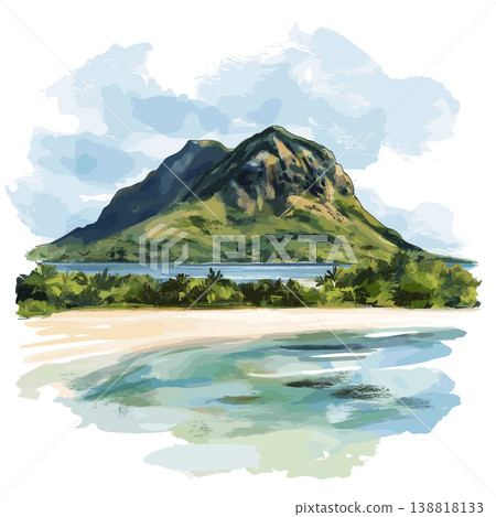 Le Morne Brabant. Le Morne Brabant hand drawn watercolor illustration on white background 138818133