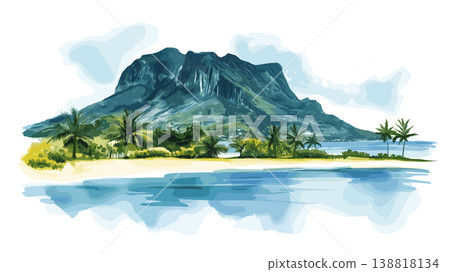 Le Morne Brabant. Le Morne Brabant hand drawn watercolor illustration on white background Le Morne Brabant. Le Morne Brabant hand drawn watercolor illustration on white background 138818134