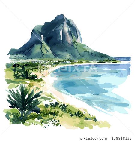 Le Morne Brabant. Le Morne Brabant hand drawn watercolor illustration on white background Le Morne Brabant. Le Morne Brabant hand drawn watercolor illustration on white background 138818135